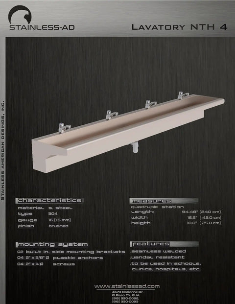 Top Shelf 304 Stainless Steel Commercial Trough Sink Wall Mount Four Faucet Wash Basin with brushed finish and dimensions.