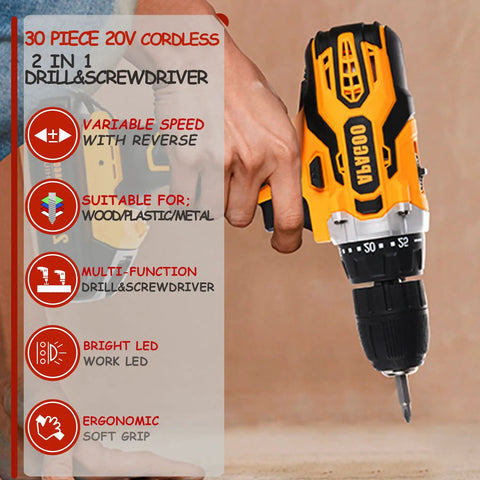 Person holding 20V Cordless Drill Kit With 30-Piece Bit Set, Dual 2Ah Batteries, 310 In-Lb Torque, 25+2 Clutch