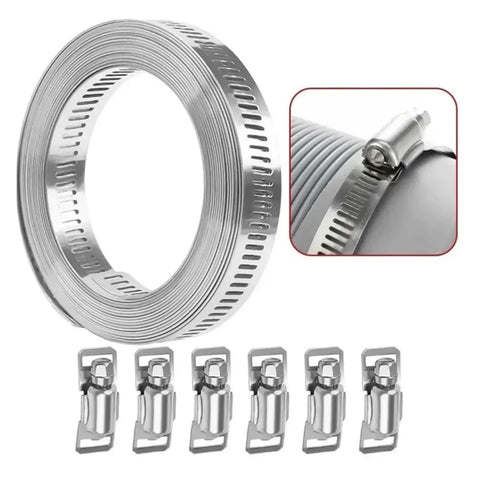 Heavy Duty 304 Stainless Steel Hose Clamps Assortment Kit With Robust Metal Strap And Twenty Super Stronger Fasteners Plus Large Adjustable Worm Gear For Serious DIY Projects And Auto Repair Jobs, coiled clamp and six fasteners
