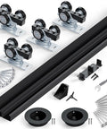 Ceiling Mount Bypass Sliding Door Hardware Kit For Cabinets And Closets, Double Pocket Doors With Finger Pull, Smooth And Quiet Operation, 6 Ft Long 72 In Fits 36.5 Inch Wide Door Panel, Black No Door Included shown with components.