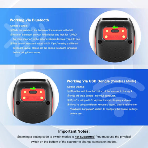 Bluetooth 2D QR Code Scanner with Zebra Scan Engine, showing wireless and USB connection modes on rear view.