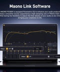 Laptop displaying Maono Link Software for Pro Studio Dynamic USB XLR Podcast Microphone For Vocal Recording Content Creation And Voiceover.