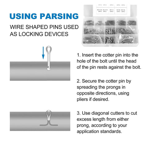Instructions for using the 420 Piece Cotter Pin Kit With Split Pins And R Clips, Beefy Steel Fasteners In A Hard Case for locking devices.