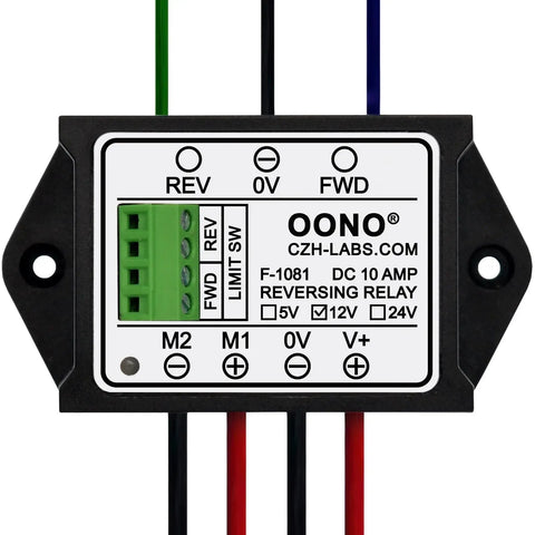 Front view of a 12V Reversing Relay Module for Motors and Linear Actuators, featuring a 10 Amp capacity with limit switch support.
