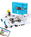 CyberPi Project Based Coding Kit For Kids Ages Eight To Twelve With Hands On STEM Projects Including An Auto Driving Car An Oscillating Fan And A Smart Trash Bin, boxed kit with parts