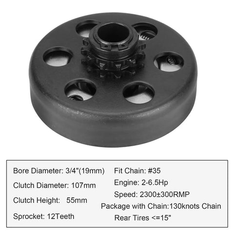 Three Quarter Inch Bore 12 Tooth Centrifugal Clutch With 4 Ft 35 Chain For Predator 212 Go Kart Engines, hardware shown