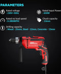 Powerhouse 650W Impact Drill With Keyless Chuck And 115 Piece Handyman Kit For Woodworking Concrete Drilling And Metal Jobs, side view showing parameters.