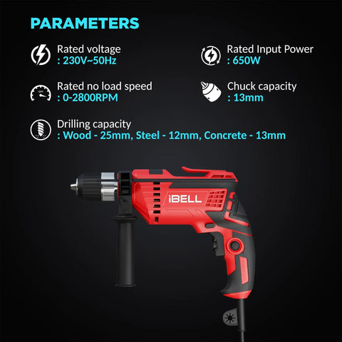 Powerhouse 650W Impact Drill With Keyless Chuck And 115 Piece Handyman Kit For Woodworking Concrete Drilling And Metal Jobs, side view showing parameters.