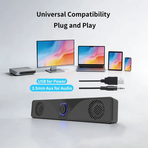 Desktop Monitor Soundbar With USB Powered Plug And Play Audio For Laptop And PC 3.5mm AUX Volume Knob Bangin Clear Sound