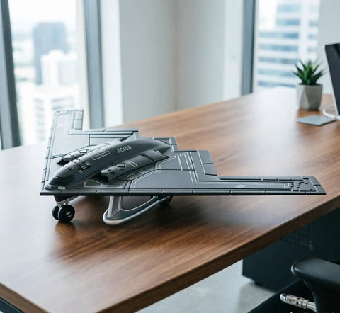 1/200 Scale B-2 Spirit Stealth Bomber Model Kit With Display Stand For Collectors on wooden desk in office