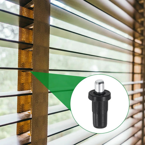 40 Pack Straight Up Shutter Repair Pins with Tough Spring Loaded Heads No Sweat Replacement Hardware for Plantation Shutters Window Blinds and Cabinet Doors Reliable Fix for Wobbly Movable Blades and Janky Fittings displaying in use with plantation blinds.