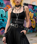 Premium Punk Leather Harness Belt For Women Adjustable Corset Waist Strap showing black faux leather on a model with accessories.