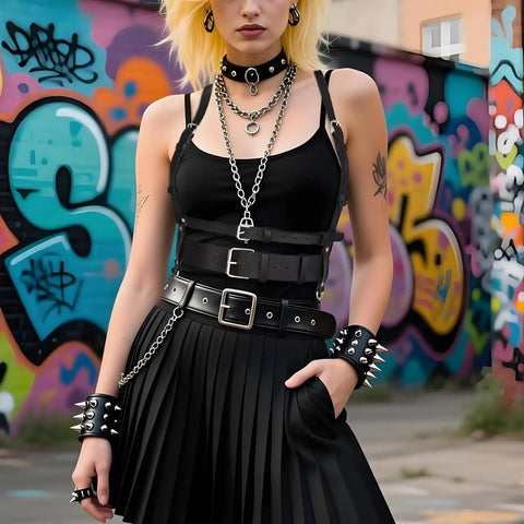 Premium Punk Leather Harness Belt For Women Adjustable Corset Waist Strap showing black faux leather on a model with accessories.
