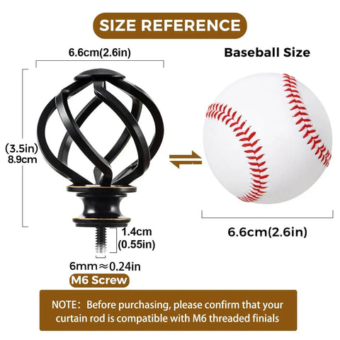 Black Curtain Rod Finials For One Inch Or Seven Eighths Inch Rods Twisted Cage Design End Caps Durable Metal Drape Hardware Easy Fit For Modern Home Decor Great For Living Rooms And Bedrooms, 2.6 in size, M6 screw