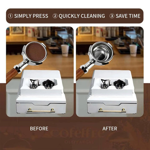 Electric Coffee Grounds Cleaner Knock Box For Swift 58mm Portafilter Cleanout With Dual Scrapers And Durable Brush Kit To Toss Pucks No Sweat For Pros Or Home Bars before and after cleaning demonstration.