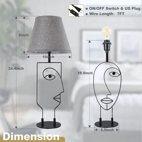 Dimensions of Two Pack Black Table Lamps With Gray Fabric Shades For Bedroom And Living Room, unique abstract face art