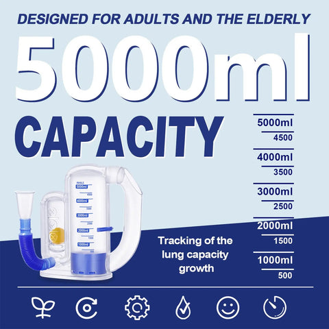 High Capacity 5000ml Lung Breathing Exercise Device With Flow Rate Indicator shown with scale and features for breathwork.