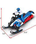Switchback Assault RC Beast With Dual Ski System 2.4GHz RTR Ready To Run Interchangeable Snow Sand Skis And Hard Terrain Wheels Polaris Style All Terrain Off Road RC For Snow Sand Asphalt Blue And Red with measurements.