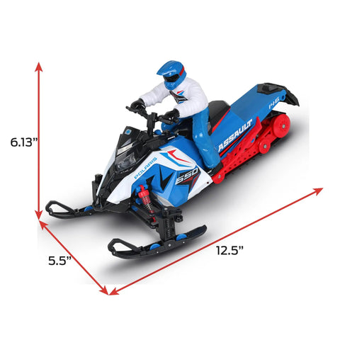 Switchback Assault RC Beast With Dual Ski System 2.4GHz RTR Ready To Run Interchangeable Snow Sand Skis And Hard Terrain Wheels Polaris Style All Terrain Off Road RC For Snow Sand Asphalt Blue And Red with measurements.
