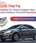 Positive Battery Terminal Connector Replacement For Hyundai Kia Genesis Jeep Chrysler Vehicles including a connector image and car