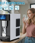 Rugged Commercial Nugget Ice Maker Slings 100 Lbs Of Smooth Chewable Pellets Daily With 12 Lb Storage Tub in use with a woman pouring ice.