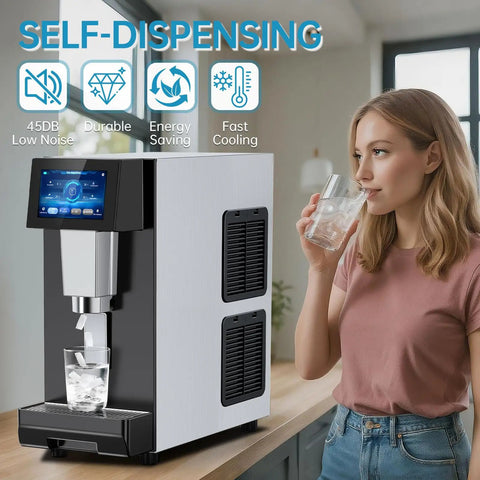 Rugged Commercial Nugget Ice Maker Slings 100 Lbs Of Smooth Chewable Pellets Daily With 12 Lb Storage Tub in use with a woman pouring ice.