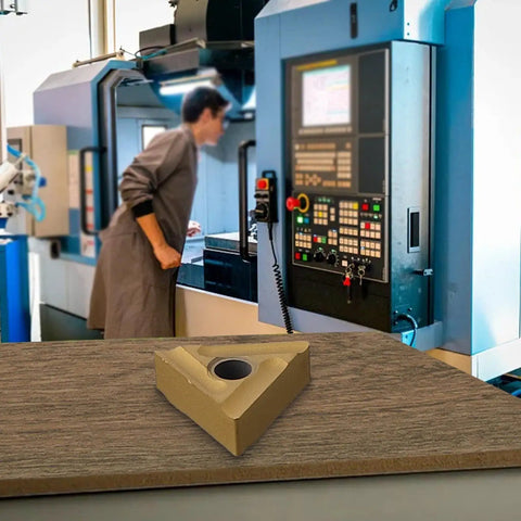 10 Pack TNMG160404R-S Carbide Turning Inserts for CNC Lathe on workshop table near CNC machine
