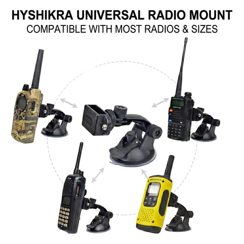 Go-To Suction Cup Car Mount For Two-Way Radios shown with various handheld transceivers, flexible arm, and quick-lock base.