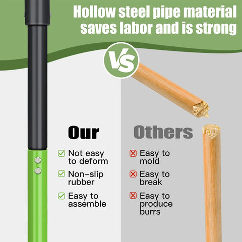 Comparison of garden fork handles: Hollow steel pipe with non-slip grip vs wooden stick prone to breaking.