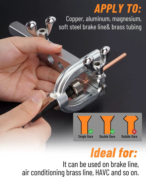 Close-up of double flare tool with Copper Coated Brake Line Kit 25 Ft 3/16 In With 16 Fittings And 4 Unions Plus Double And Single Flare Tool Kit DIY Friendly For Easy Hand Bends And Precise Flare Work, showing usage for brake lines.