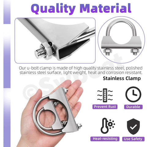 Exhaust U Clamp Kit 2 Pieces 1.3 Inch Stainless Steel U-Bolt Clamps, shiny material shown on hand and detail view