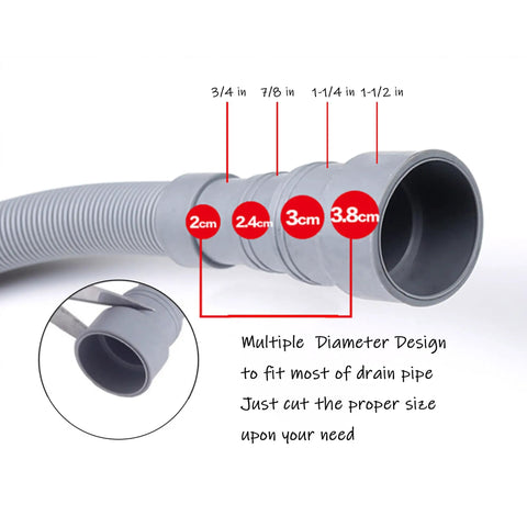 Six Feet Universal Washing Machine Drain Hose Kit With Flexible Corrugated Extension for Dishwashers, shown with multiple diameter design.