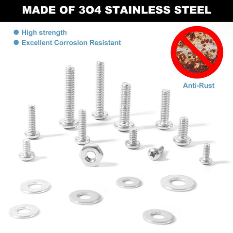Heavy Duty 304 Stainless Steel Machine Screw Kit With Hex Nuts Flat Washers Phillips Pan Head Rust Out Proof Shop Essential Size Bundle Including Four Forty Through Ten Twenty Four Durable Storage Box Built For Real Grind, assortment of screws and washers on a white background.