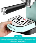 Compact Stainless Steel Espresso Machine With Powerful Steam Wand For Killer Lattes And Smooth Shots At Home showing removable drip tray and filters.