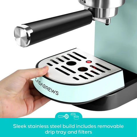 Compact Stainless Steel Espresso Machine With Powerful Steam Wand For Killer Lattes And Smooth Shots At Home showing removable drip tray and filters.