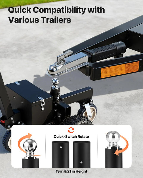 VEVOR Electric Trailer Dolly showing compatibility features with various trailer hitches and adjustable heights.