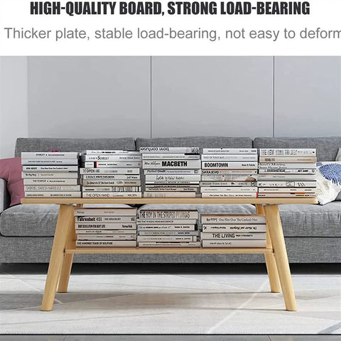 Rustic Vintage Industrial Rectangle Coffee Table With Double Layer Open Storage Shelf For Living Room displaying stacked books on shelves.