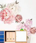 Peony Wall Decals Set For Living Room And Bedroom, Delicate Pink And White Floral Vinyl Stickers on a white wall above furniture