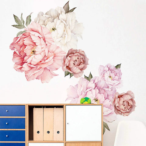 Peony Wall Decals Set For Living Room And Bedroom, Delicate Pink And White Floral Vinyl Stickers on a white wall above furniture