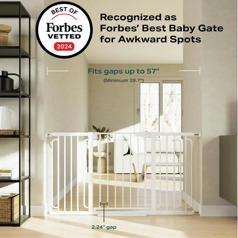 Extra Wide Baby Gate For Stairs And Doorways 57 Inch Extended White Walk Through Safety Gate For Kids And Pets Tall Pressure Mounted Gate With One Hand Operation Mom Approved Choice in a modern home setting