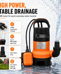 Heavy Duty 0.5HP Submersible Utility Pump With Auto Float Switch for quick drainage, black and orange, water transfer, 110V motor.