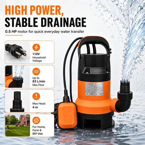 Heavy Duty 0.5HP Submersible Utility Pump With Auto Float Switch for quick drainage, black and orange, water transfer, 110V motor.