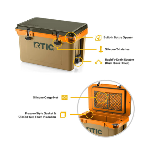 Ultra Light 32 Quart Cooler That Weighs 30 Percent Less Than Rotomolded Coolers, Portable Ice Chest side view showing latches and drain
