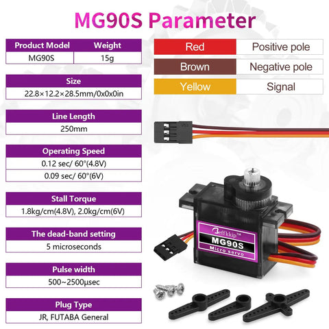 Five Pack 9g Micro Servo Motors With Metal Gears For DIY Smart Robots And RC Toys product specifications and components