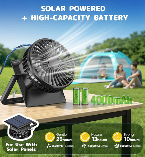 All In One Baby Beach Tent With Solar Powered Cooling Fan UPF 50 includes fan with high-capacity battery on a table in the park