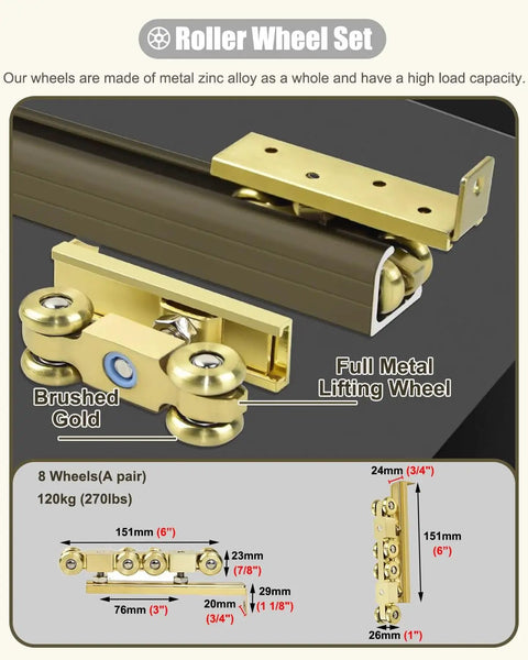 Heavy Duty Sliding Door Hardware Kit With 8-Wheel Brushed Gold Zinc Alloy Wheels, Ultra Smooth Glide, Max Load 270 Lbs