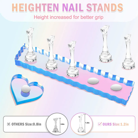 Heart Shaped Magnetic Nail Stand Set For Press Ons, Acrylic Nail Holders For Nail Art Display, Includes 2 Aurora Bases, 10 Stands Two Pinky Sized, 100 Double Sided Tape, Home Salon DIY Nail Display Kit shown with 1.2in height stand.