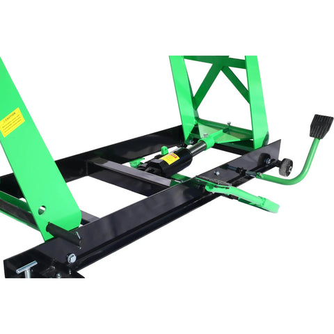 Heavy Duty Hydraulic Motorcycle Lift With A Badass 1000 Lb Load Rating And Smooth Cranking Hoist Jack Stand For Garage Repairs Plus Adjustable Mobile Ramp In Bright Green