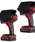 Dual cordless drills with Universal Drill Holder And Power Tool Organizer Wall Mount Rack For Cordless Drills And Drivers Two Way Fixation For Vertical Or Horizontal Mount Trigger Guard Keeps Your Trigger From Getting Engaged Fits Most Drill Brands attached.