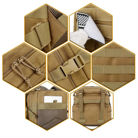 45L Military Tactical Backpack With Molle System showing buckles, straps, zipper, and mesh pocket details.